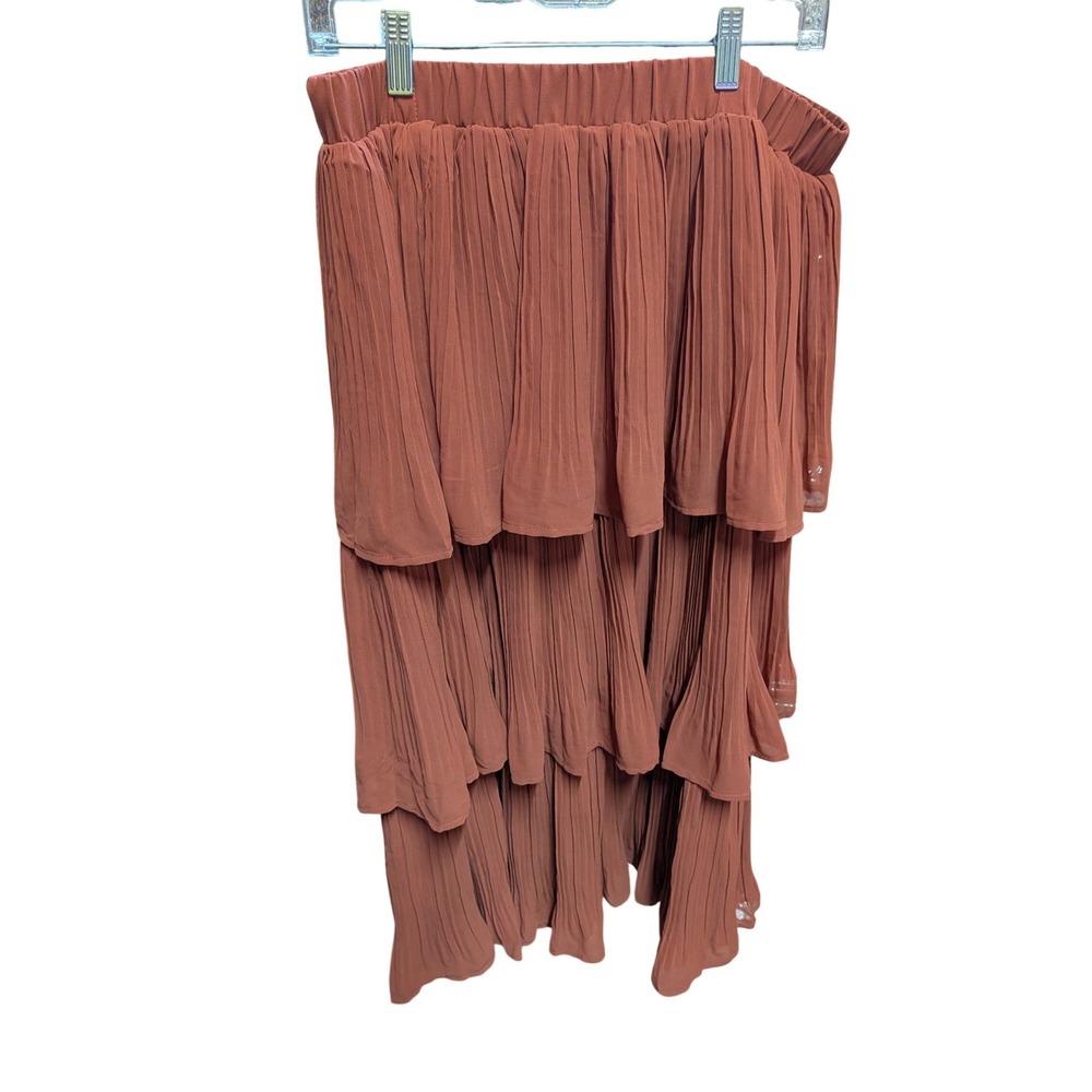 oulesis Terracotta Rust Tiered Pleated Midi Skirt Womens XL Elastic Waist Boho
